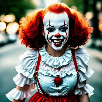 woman dressed as pennywise walking down the street with a smile on her face