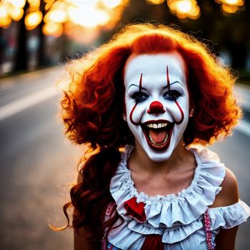 woman dressed as a clown with red hair and clown makeup on