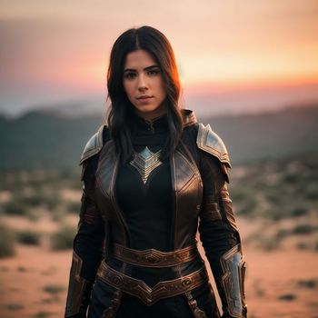 woman dressed in armor standing in the middle of the desert at sunset