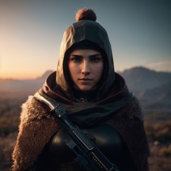 woman with a gun standing in the desert at sunset with mountains in the background