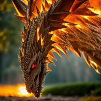 close up of a dragon's head with flames coming out of it