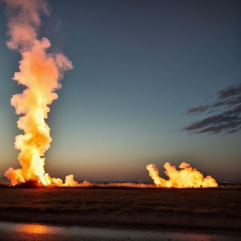 large plume of smoke rising from a field at night with a sky in the background