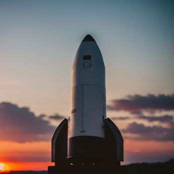 white and black rocket sitting on top of a wooden stand in front of a sunset