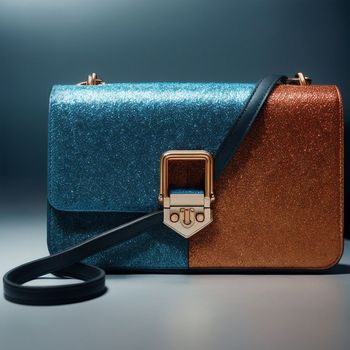 blue and orange purse sitting on top of a black table next to a white wall