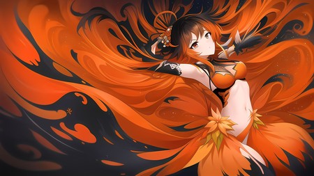 an anime girl with orange hair and a flower in her hair, in front of a black background