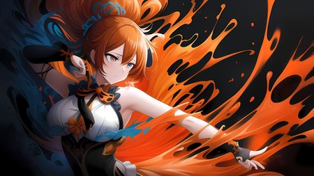 an anime character with orange hair and black and white dress with blue flames