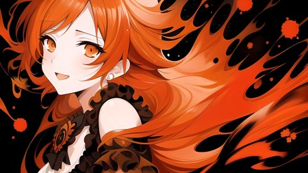 an anime girl with long red hair and orange flames in the background