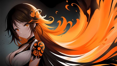 anime girl with long hair and orange flames in the air behind her