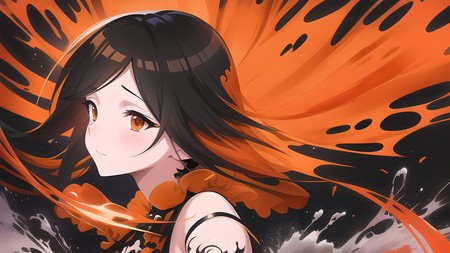 an anime girl with black hair and orange eyes and a black and white dress