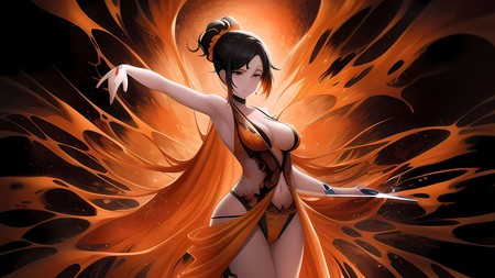 woman in an orange outfit with a sword in her hand and flames coming out of her body
