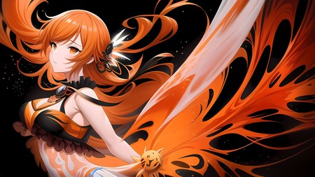 an anime character with orange hair and a black top and orange wings