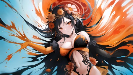 anime girl with long black hair and flowers in her hair and orange paint on her body