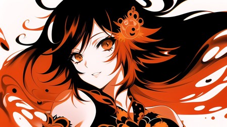 an anime girl with long black hair and orange eyes and a flower in her hair