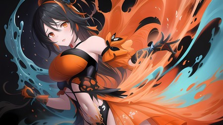 anime girl with a black and orange outfit and a black and orange outfit