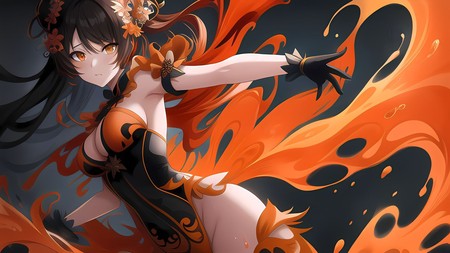 woman in a black and orange outfit with flames in the background