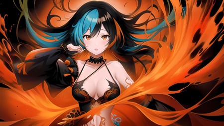 an anime character with blue hair and black bra top with orange flames in the background