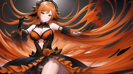 an anime character with long orange hair and black and orange dress, with her arms outstretched