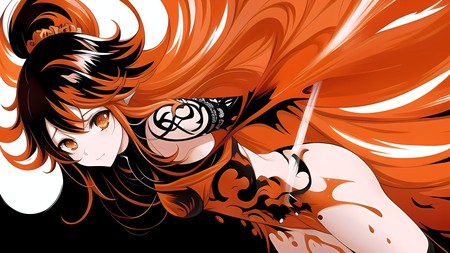 an anime girl with orange hair and black and white makeup and a sword in her hand