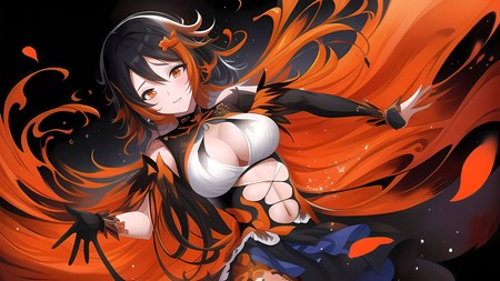 anime girl with orange hair and black and white outfit with a sword in her hand