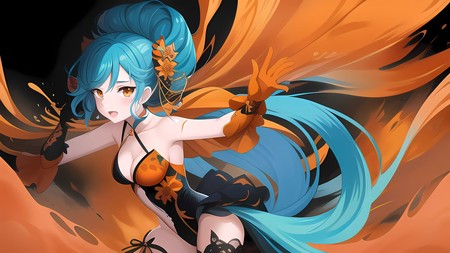 anime character with blue hair and orange and black outfit, with her arms outstretched