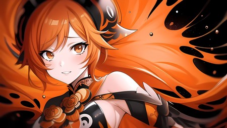 anime girl with long red hair and black and white outfit with orange hair