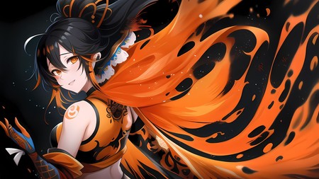 an anime girl with black hair and orange dress with a flame pattern on her back