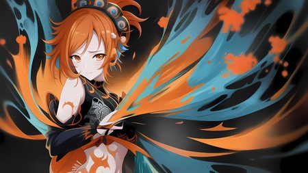 an anime character with orange hair and blue and orange feathers on her arms