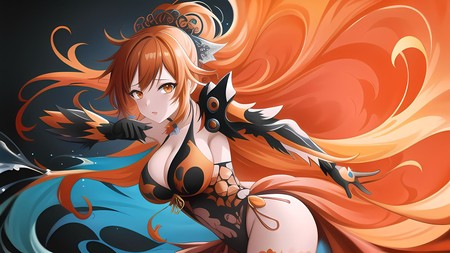 an anime character with orange hair and black and white bodysuits