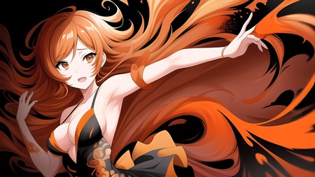 an anime character with long red hair and a black dress with orange swirls