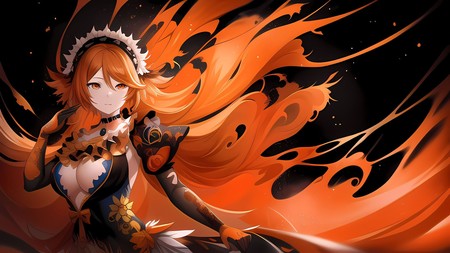 woman with long red hair and a black dress with orange flames in the background