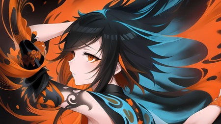 anime girl with black hair and blue and orange paint on her face