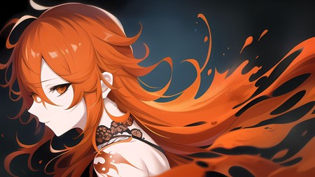 an anime girl with long red hair and orange eyes with flowing hair