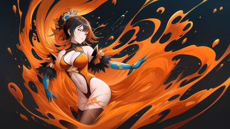 woman in an orange and black outfit with orange smoke coming out of her body