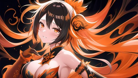 anime character with orange hair and a black top and a black background