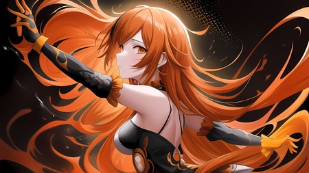 an anime character with long red hair and orange flames in the background