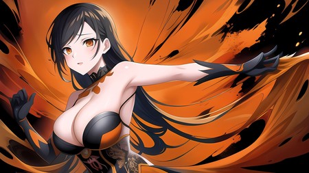 an anime character with black hair and a black bra and orange wings