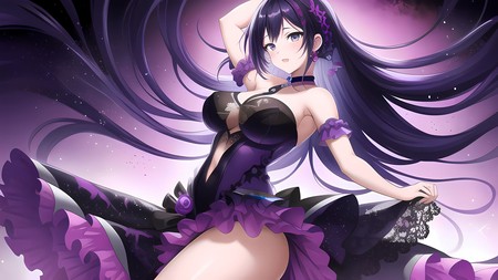 anime girl with long black hair in a purple corset