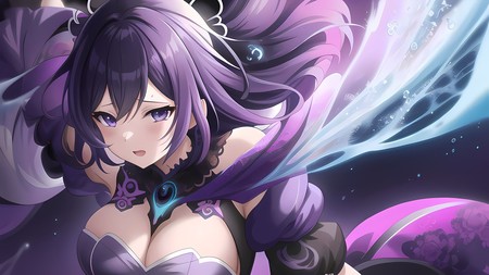 anime girl with purple hair and a purple cape is holding a sword