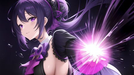 anime girl with purple hair holding a glowing object in her hand