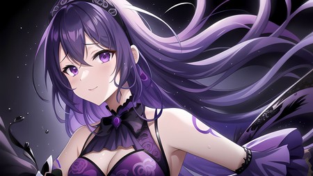 anime girl with long purple hair wearing a purple corset