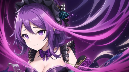 anime character with long purple hair and a black top with a bow