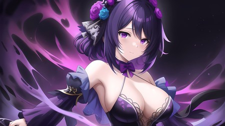 an anime character with purple hair and big breast holding a sword in her hand