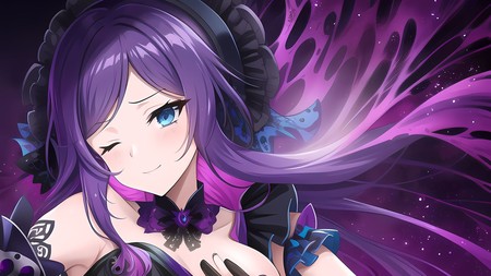 anime girl with long purple hair and blue eyes wearing a black dress
