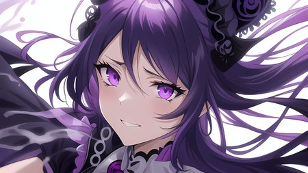 close up of a anime character with purple hair and purple eyes