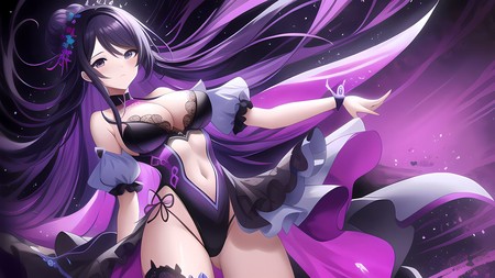 anime girl with long purple hair and a black bra top is posing in front of a purple background
