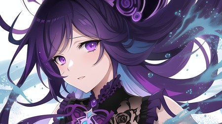 anime girl with purple hair and purple eyes wearing a black dress