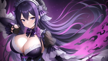 anime character with long purple hair and a large breasted breast