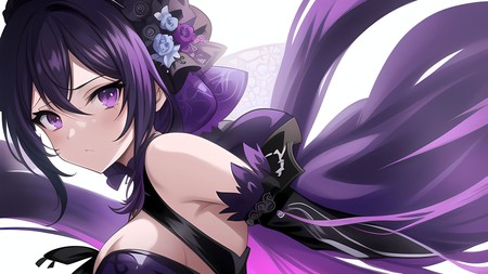 anime girl with purple hair and a black dress with flowers in her hair