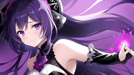 anime girl with long purple hair holding a glowing object in her hand