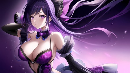 anime girl with purple hair and a black bra top and purple pants